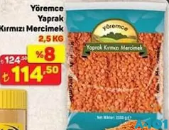 YÖREMCE YAPRAK KIRMIZI MERCİMEK 2,5 KG fiyat ve kampanya bilgisi
